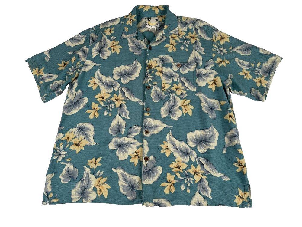 Banana Cabana Shirt Mens XL Blue 100% Silk Hawaiian Floral Camp Short Sleeve